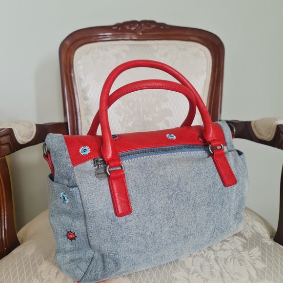 Desigual genuine denim bag with red leather and embroidery - Picture 3 of 7